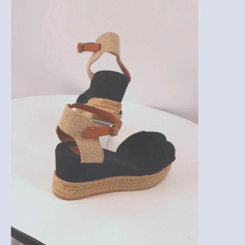 Tory Burch Knotted Bow Espadrille Wedge Sandals Black/Tan Leather Strap Size 10 - Picture 9 of 10